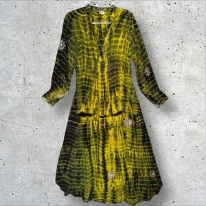 Cofur Maxi Dress 100% Silk Womens Green Tie Dye Denmark Indie Hippie Whimsygoth
